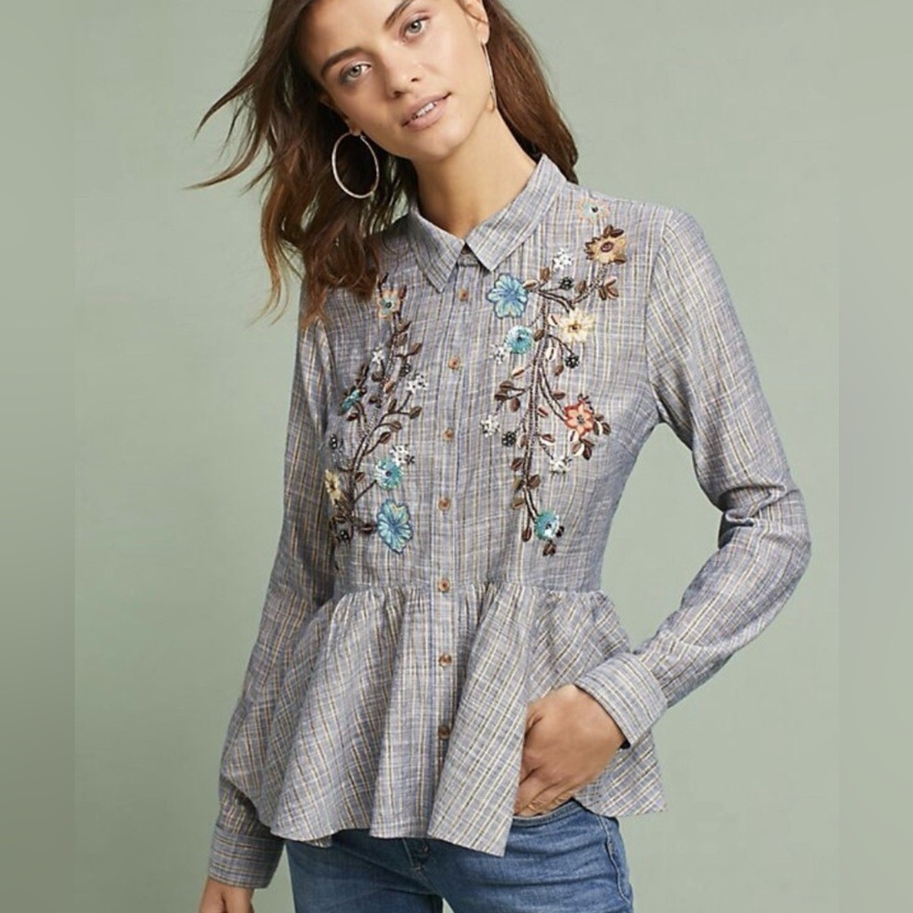 HD in Paris Gray and Gold Floral Embroidered and Beaded Blouse